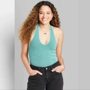 Wild Fable Seamless Ribbed Halter Bodysuit Teal Green Size Large